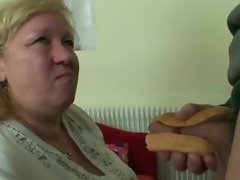 Huge granny tastes his cock then doggystyled