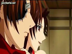 Busty anime babe gets gangbanged in her mouth and pussy and doesn't like it