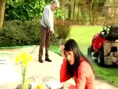 Hardcore slut sucks down some old man dick outside