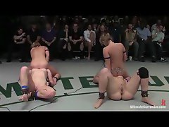 Tag team wrestling match ends in pussy eating