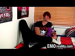 Emo teen removes his clothes to tease his cock
