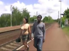 French Girl fucks african in the car and bus stop