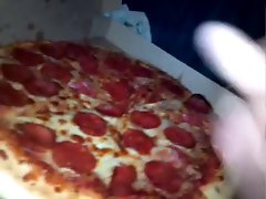 Massive cumshot on young wifes pizza spunk all over her half